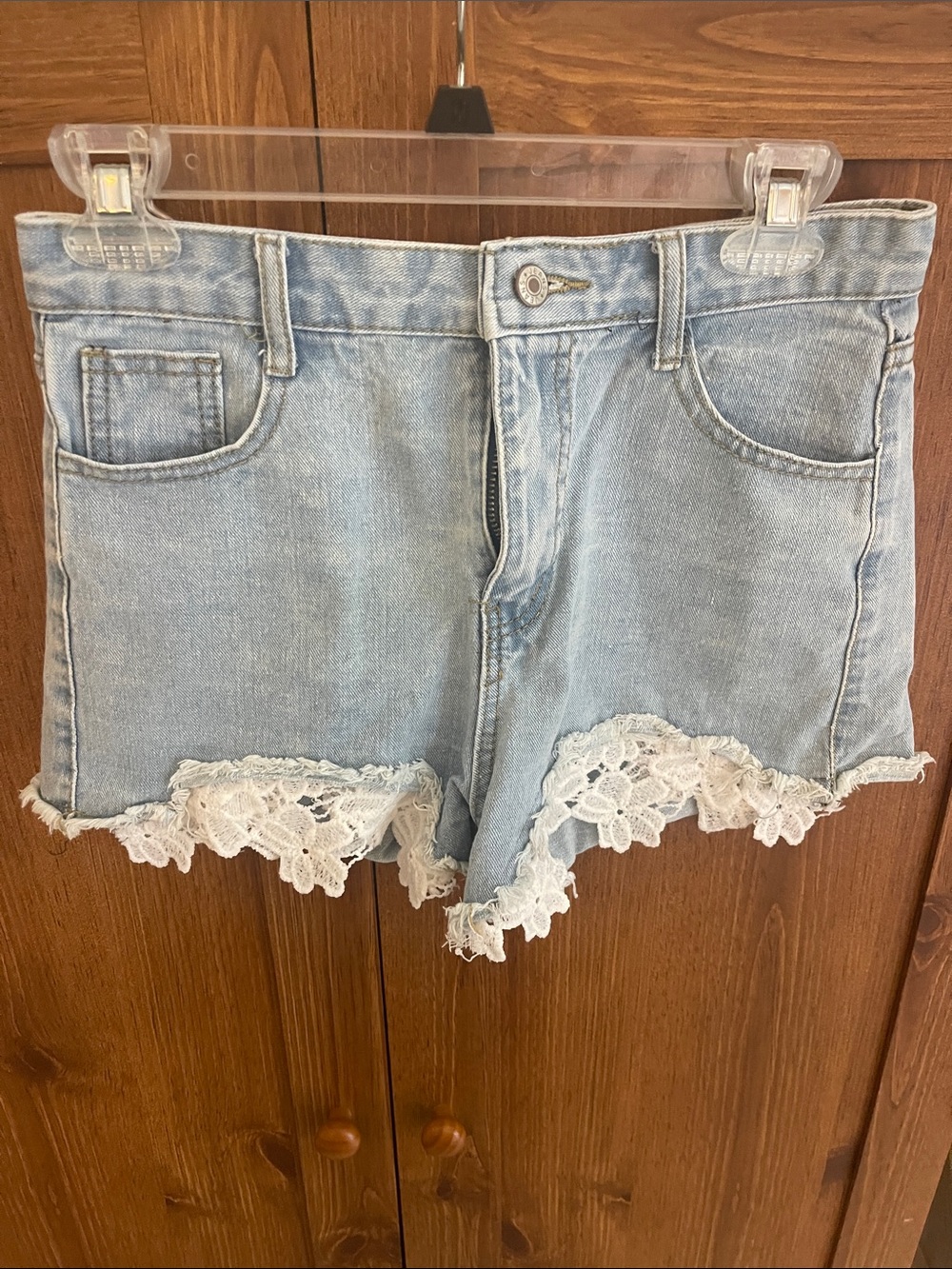 Light Wash Denim Shorts with White Lace Trim